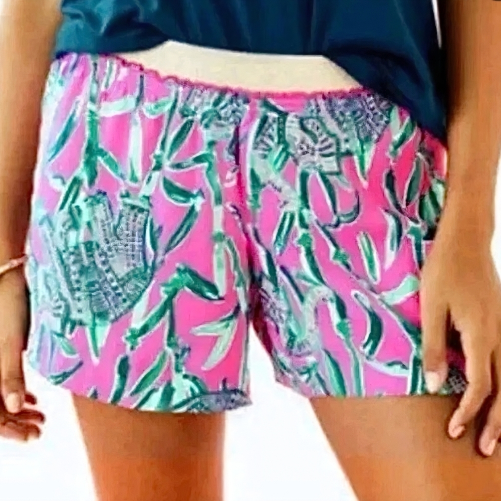 Lilly Pulitzer Pink & Green Tropical Print Elastic Waist Shorts